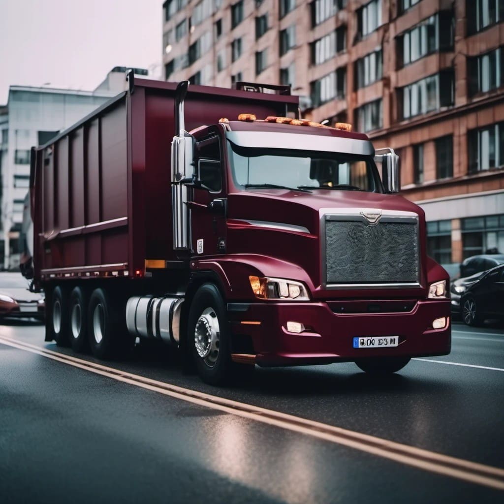 A burgundy dump truck cruising through city streets, showcasing its sleek design amid urban architecture.