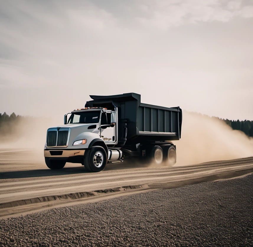 white dump truck driving on a dusty road, leaving a trail of dust in its wake