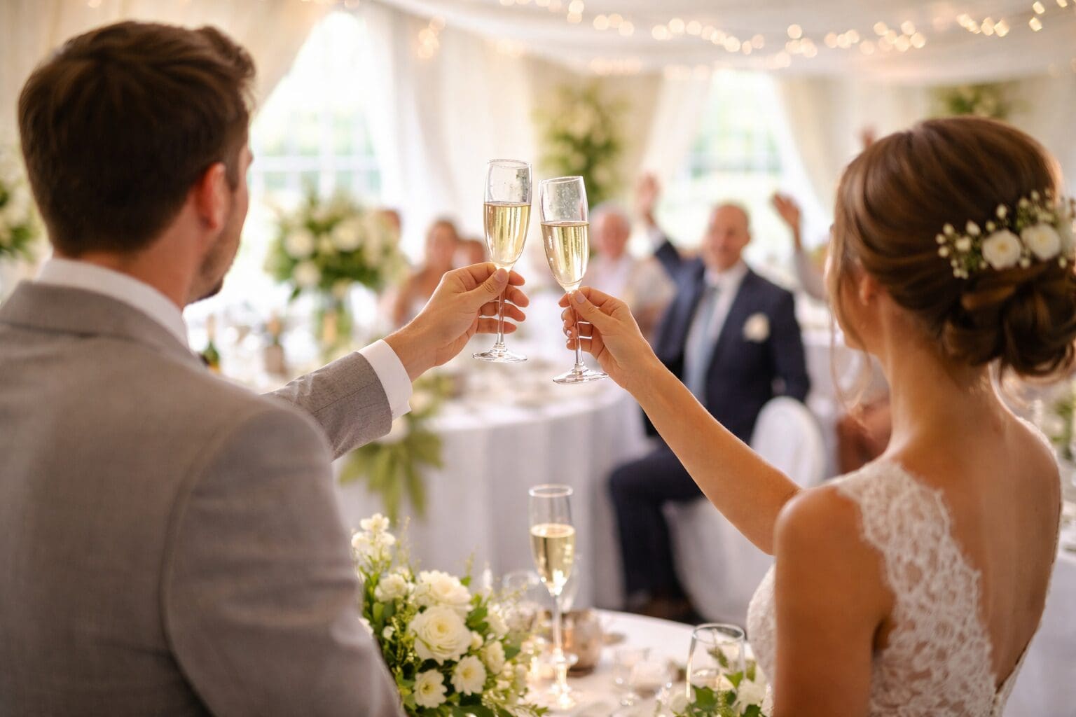 Bride and groom toasting with champagne at a wedding reception