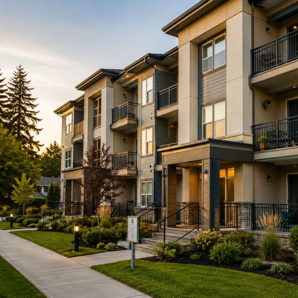 Modern multi-family apartment complex with landscaped grounds and balconies, representing residential property management and apartment insurance.