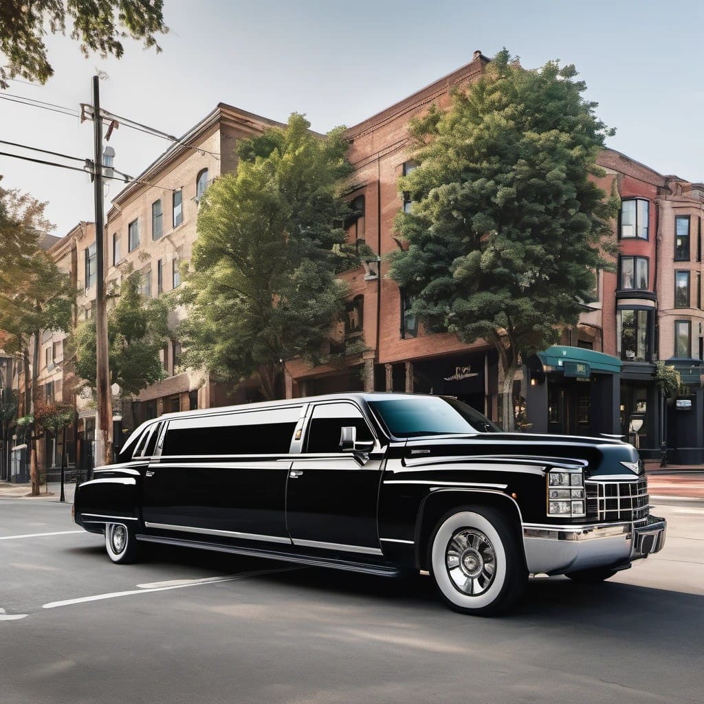 A classic black limousine parked on an urban street lined with brick buildings and mature trees, exuding a sense of luxury and timeless style against a backdrop that blends historical architecture with city greenery.