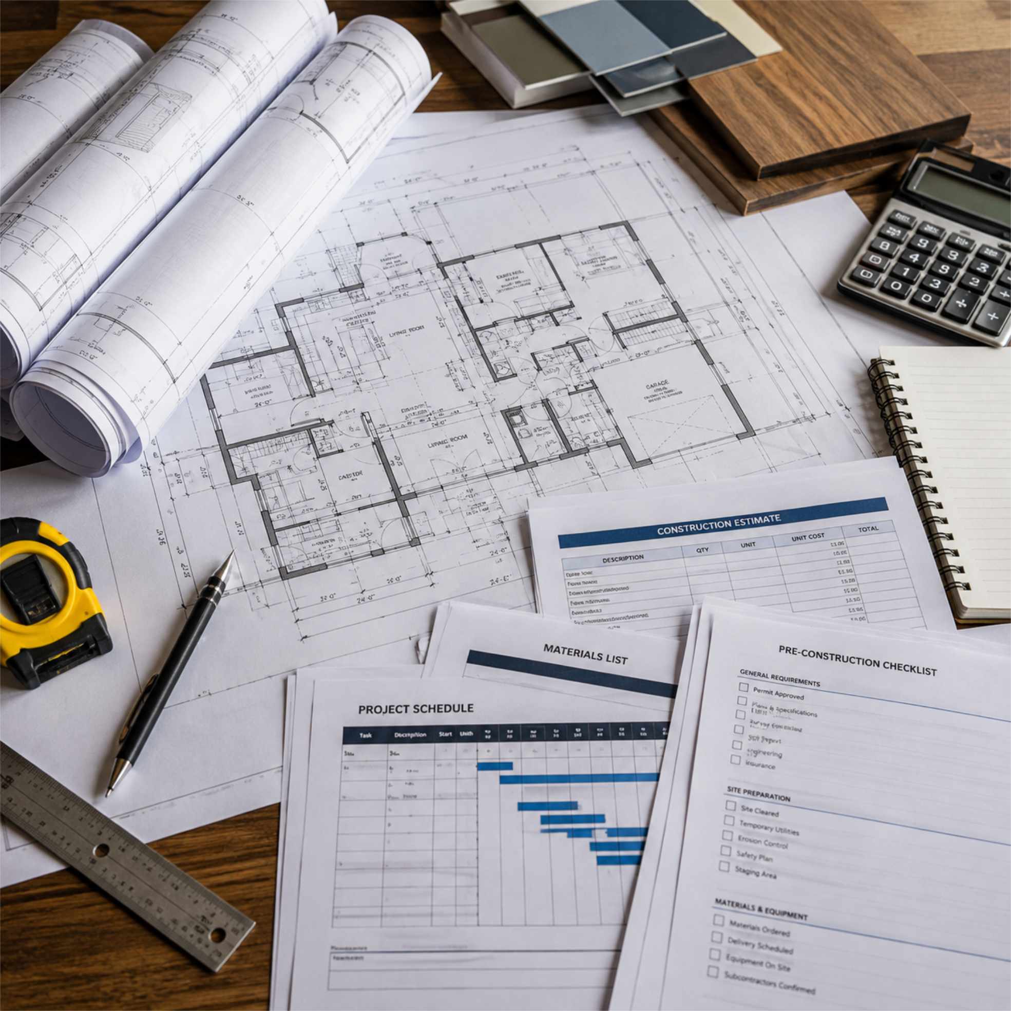 Construction plans and blueprints representing contractor professional liability exposure.