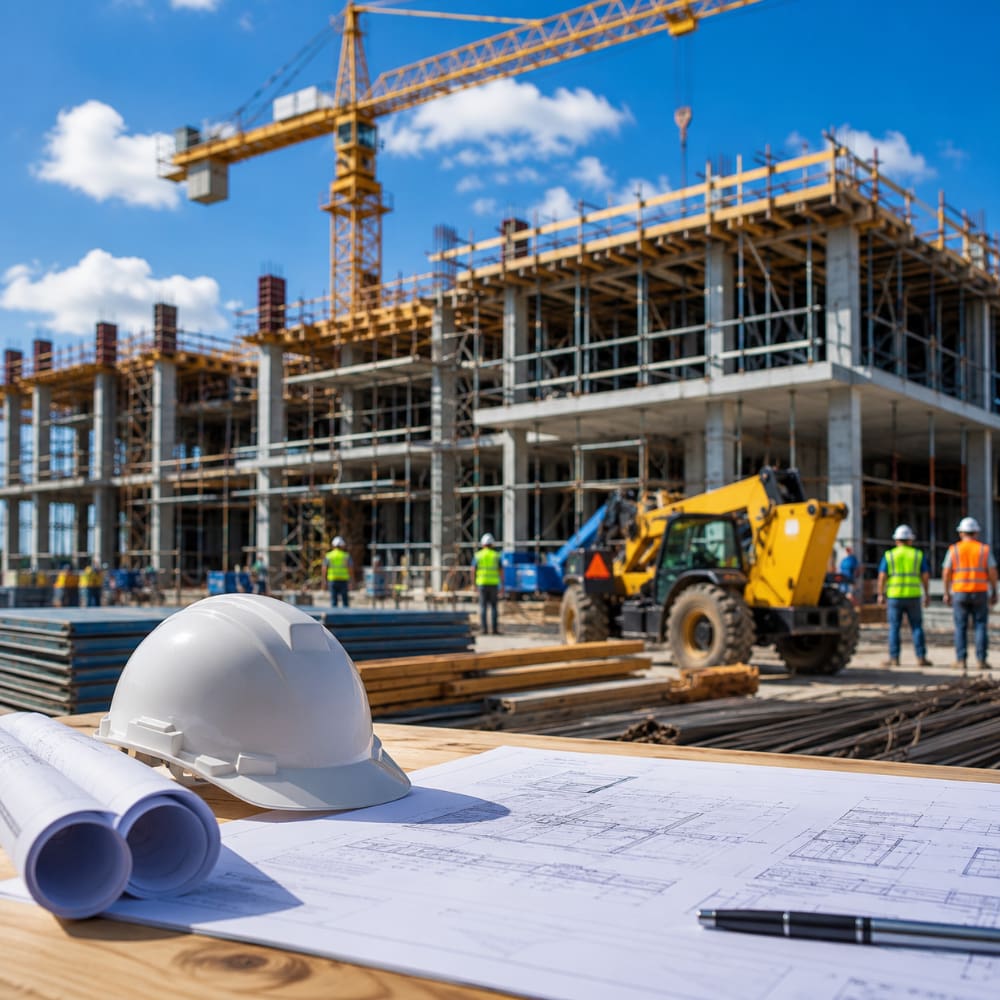 Commercial construction site with workers, heavy equipment, blueprints, and a hard hat, representing contractor bonds and construction insurance.