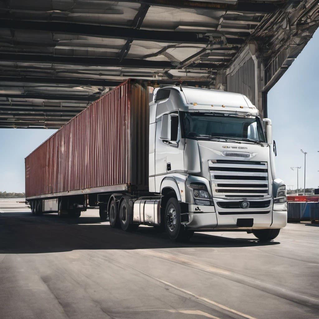 A sleek white semi-truck carrying a red shipping container drives under an industrial metal shelter in a spacious freight terminal.