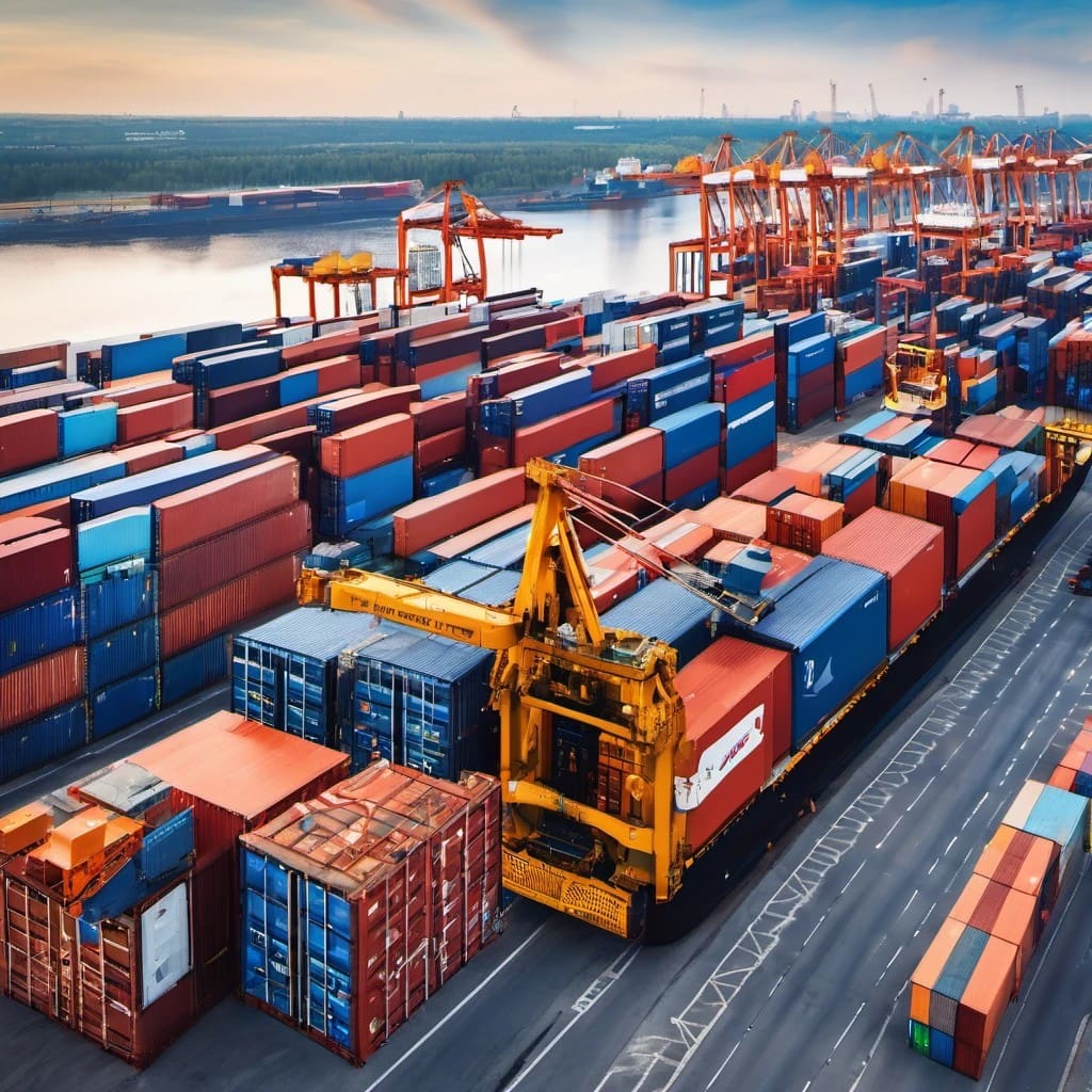 A bustling cargo terminal with an array of colorful shipping containers being organized by a towering yellow gantry crane against a backdrop of a calm river and distant cranes
