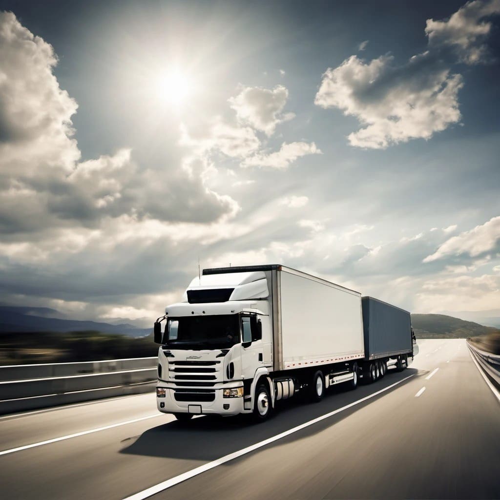 A white semi-truck hauling a large trailer drives along a sunlit highway, with cumulus clouds in a dynamic blue sky overhead