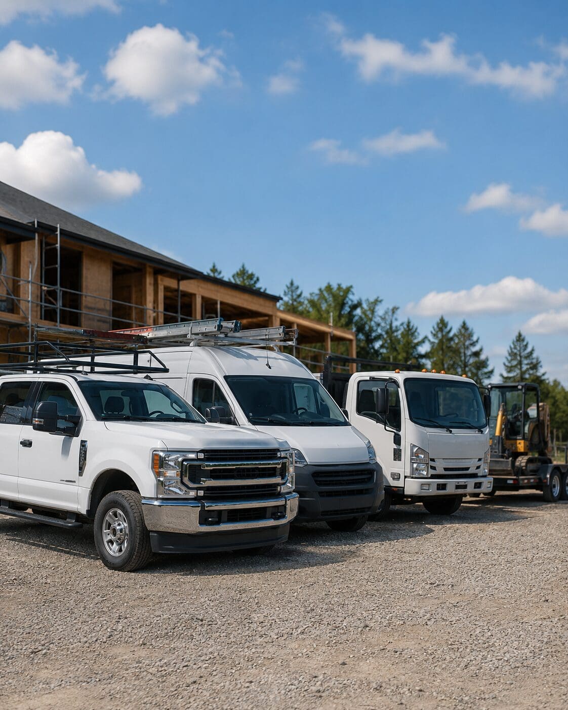 White contractor pickup truck, service van, and commercial work truck parked together at an active residential construction site.