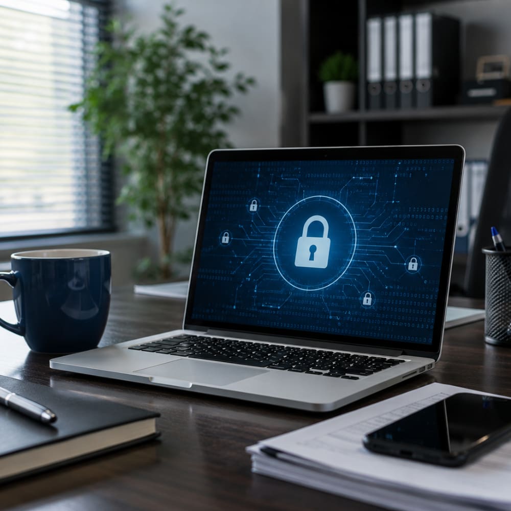 Laptop displaying a digital security lock, representing cyber insurance and data protection for businesses.