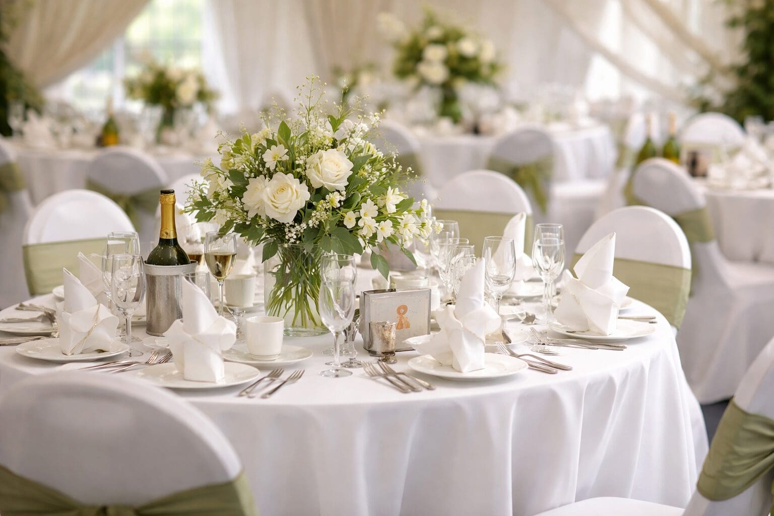 Elegant wedding reception table setup with floral centerpiece and champagne glasses