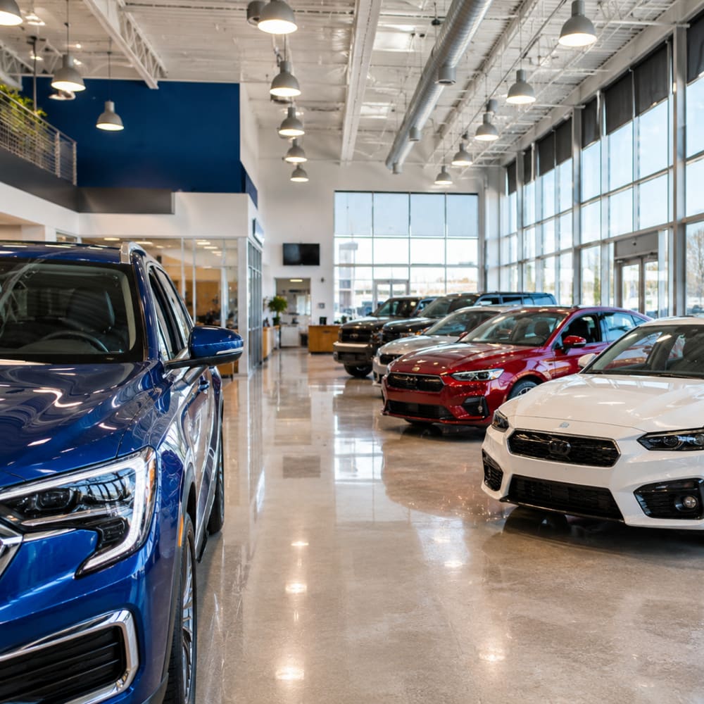 Modern auto dealership showroom with new cars on display, representing garage and auto dealer insurance.
