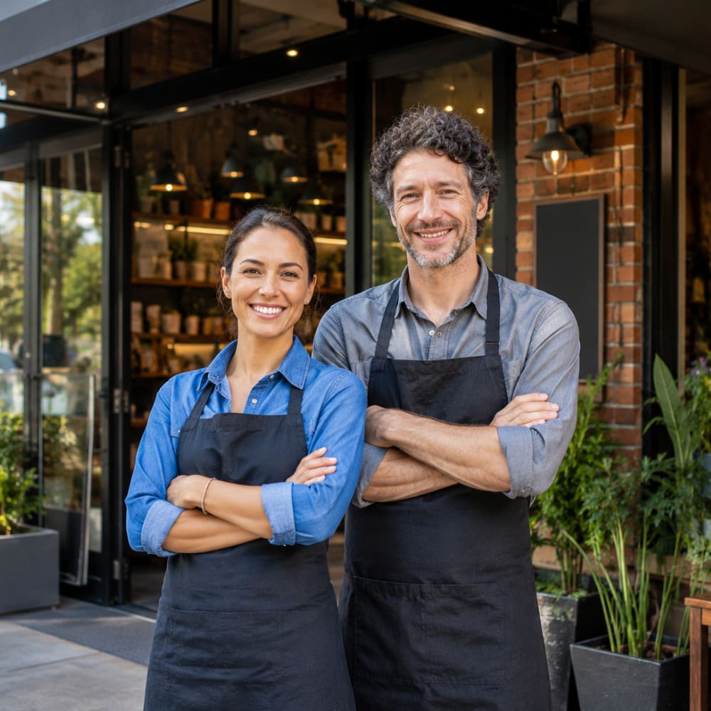Two small business owners standing outside their storefront, representing general liability insurance for businesses.