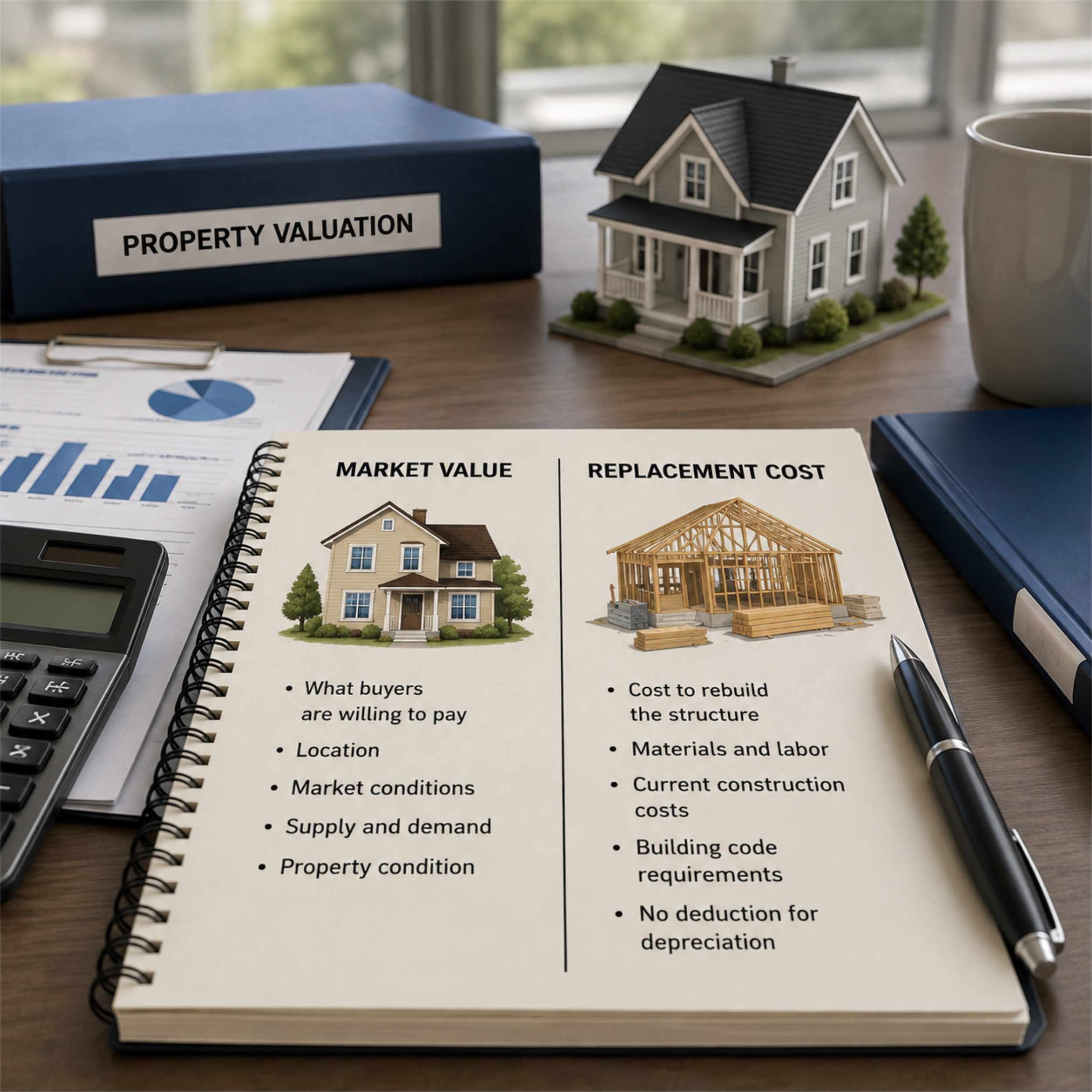 Commercial property market value compared with building replacement cost.