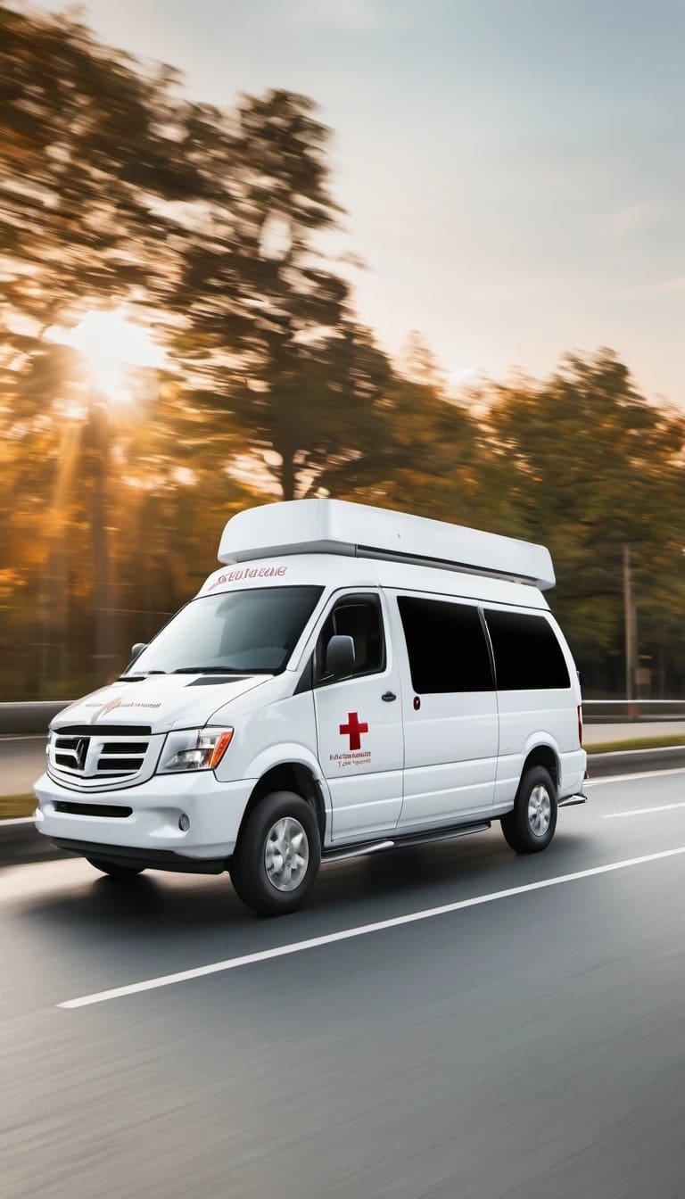 A white medical van with a red cross emblem and emergency lights on top is in motion on a highway, with the background blurred to emphasize speed, captured in the warm glow of a setting or rising sun