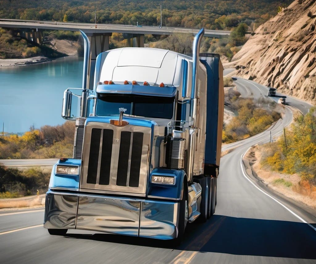 A metallic blue semi-truck with chrome accents driving on a winding road next to a river and under a bridge.