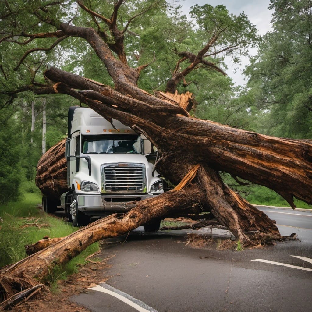 A white semi-truck halted on a road by a large fallen tree obstructing its path amidst a lush green forest.