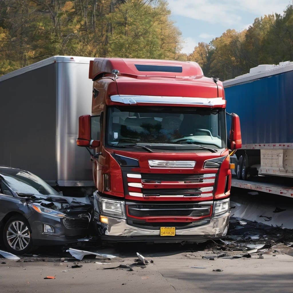 A red semi-truck involved in a collision with several cars, causing significant damage.