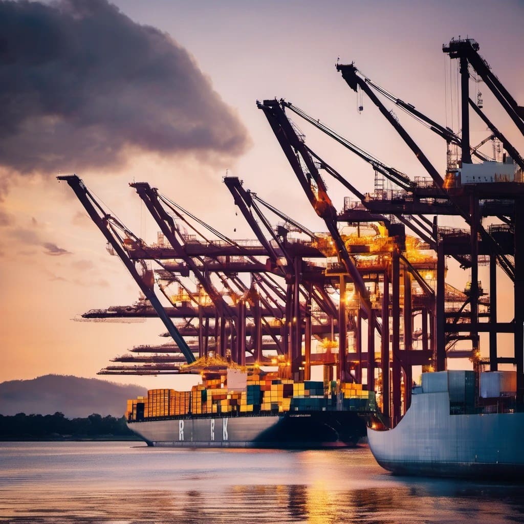 Sunset view of a cargo ship at a port with multiple cranes silhouetted against the glowing sky, reflecting off the calm waters.