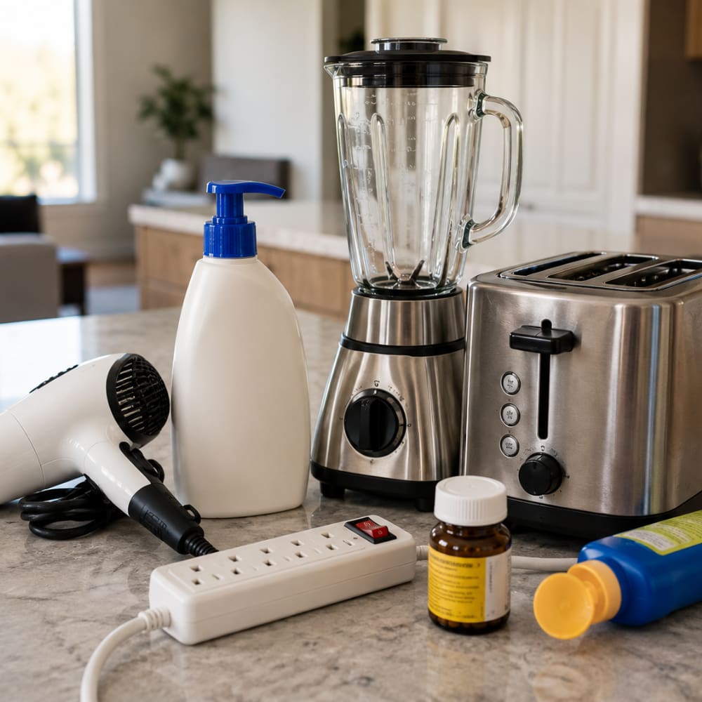 Household appliances, personal care products, and consumer goods representing product liability insurance.