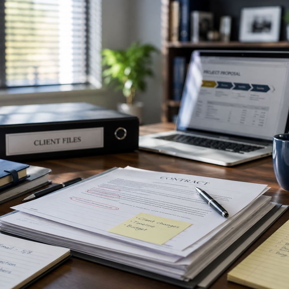 Business contract, client files, and project documents on an office desk, representing professional liability insurance.