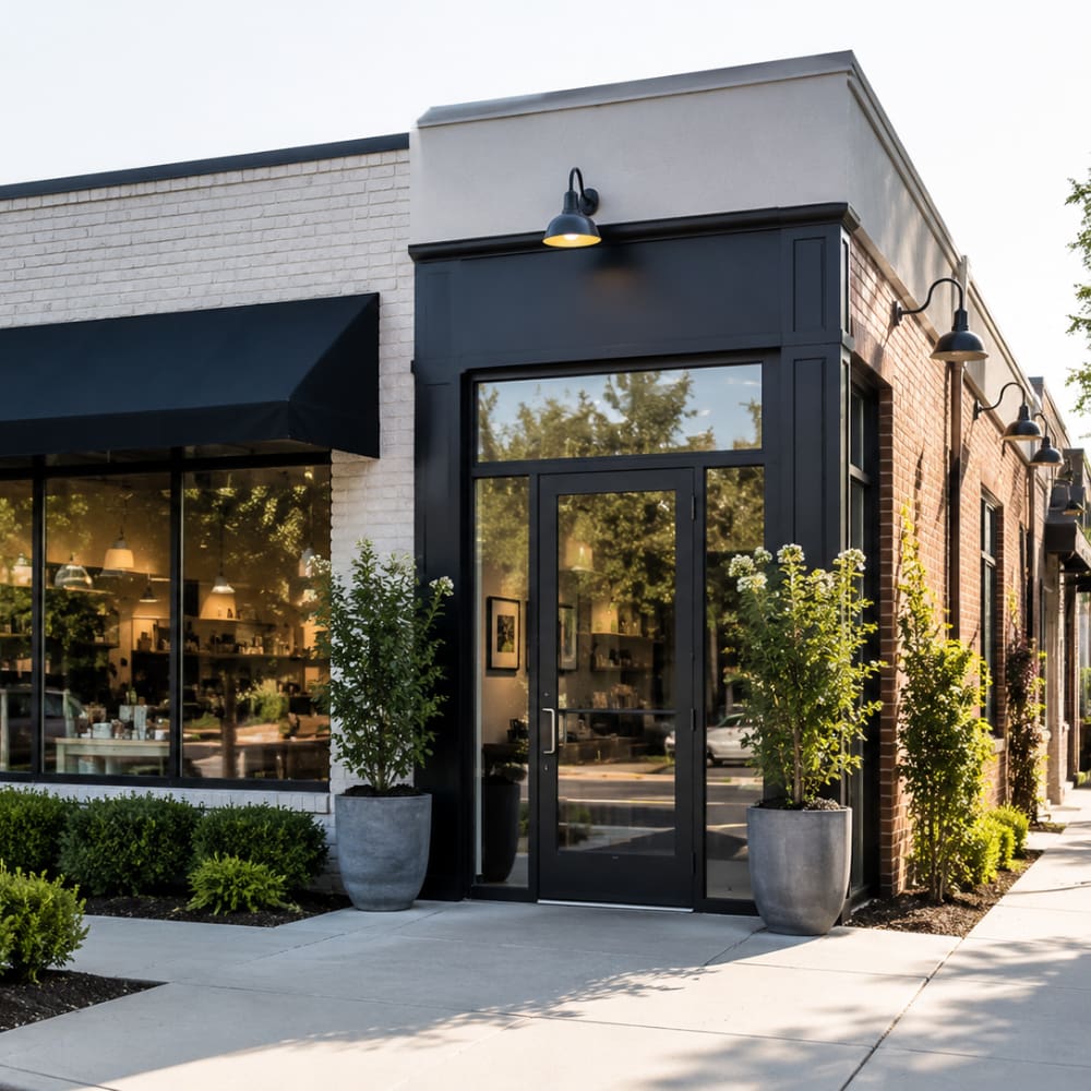 Modern commercial storefront with large windows and landscaped entrance, representing commercial property insurance for small businesses.