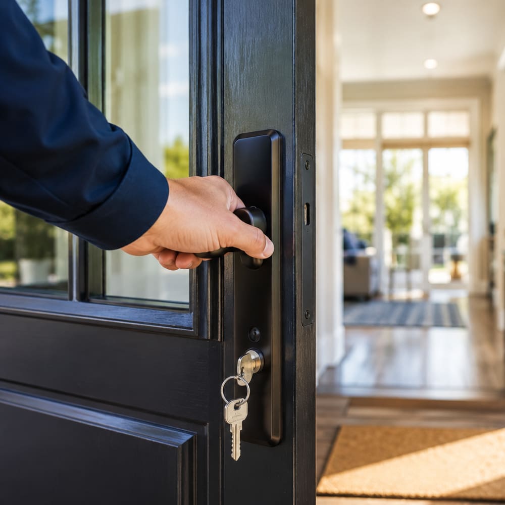Real estate professional opening the front door of a modern home, representing real estate insurance and property protection.