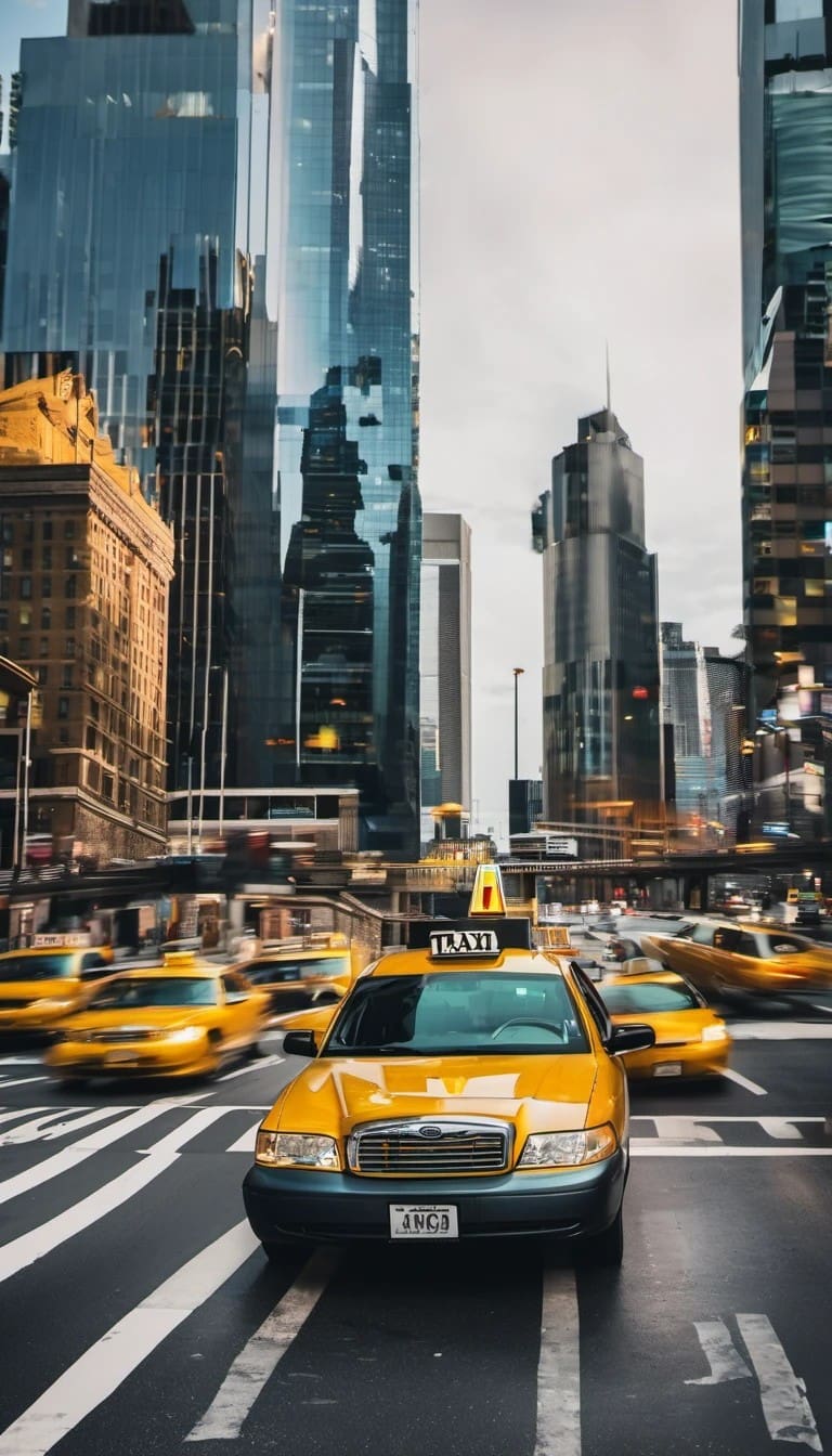 stationary yellow taxi cab stands out in sharp contrast to the blurred movement of other yellow cabs on a busy city street, with tall, reflective skyscrapers creating a striking urban skyline in the background.