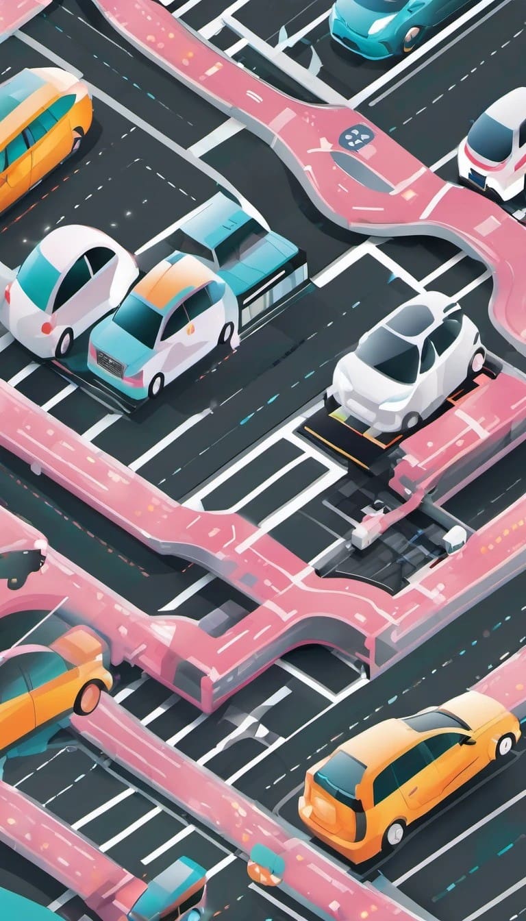 An isometric illustration of a bustling multilane road network with a variety of vehicles including yellow taxis, private cars, and public buses, in a colorful, stylized urban setting.