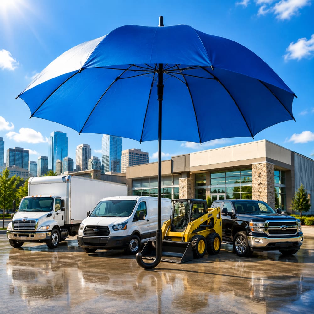Commercial vehicles and construction equipment protected beneath a large umbrella, representing excess and umbrella liability insurance.