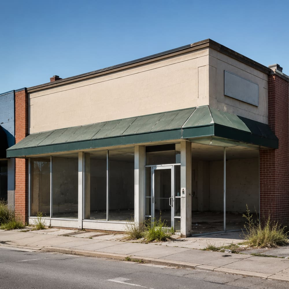 Vacant commercial storefront with empty display windows, representing vacant building insurance and property protection.