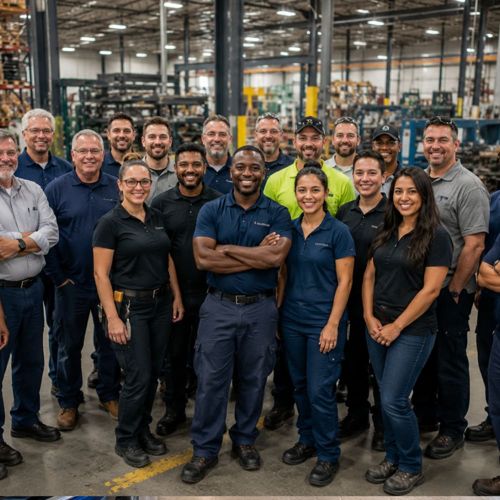 Group of manufacturing employees standing together inside an industrial facility, representing workers’ compensation insurance and workplace protection.