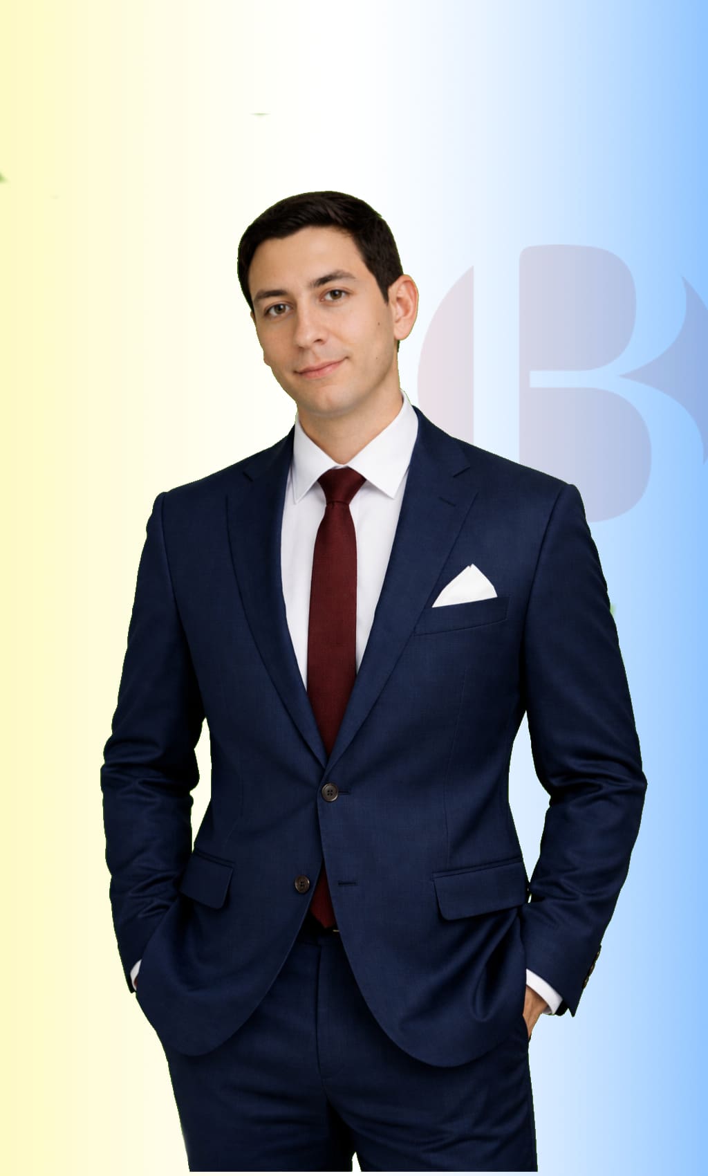 Leonardo Rueda wearing a navy suit with a red tie, insurance agent at Best Formula Insurance