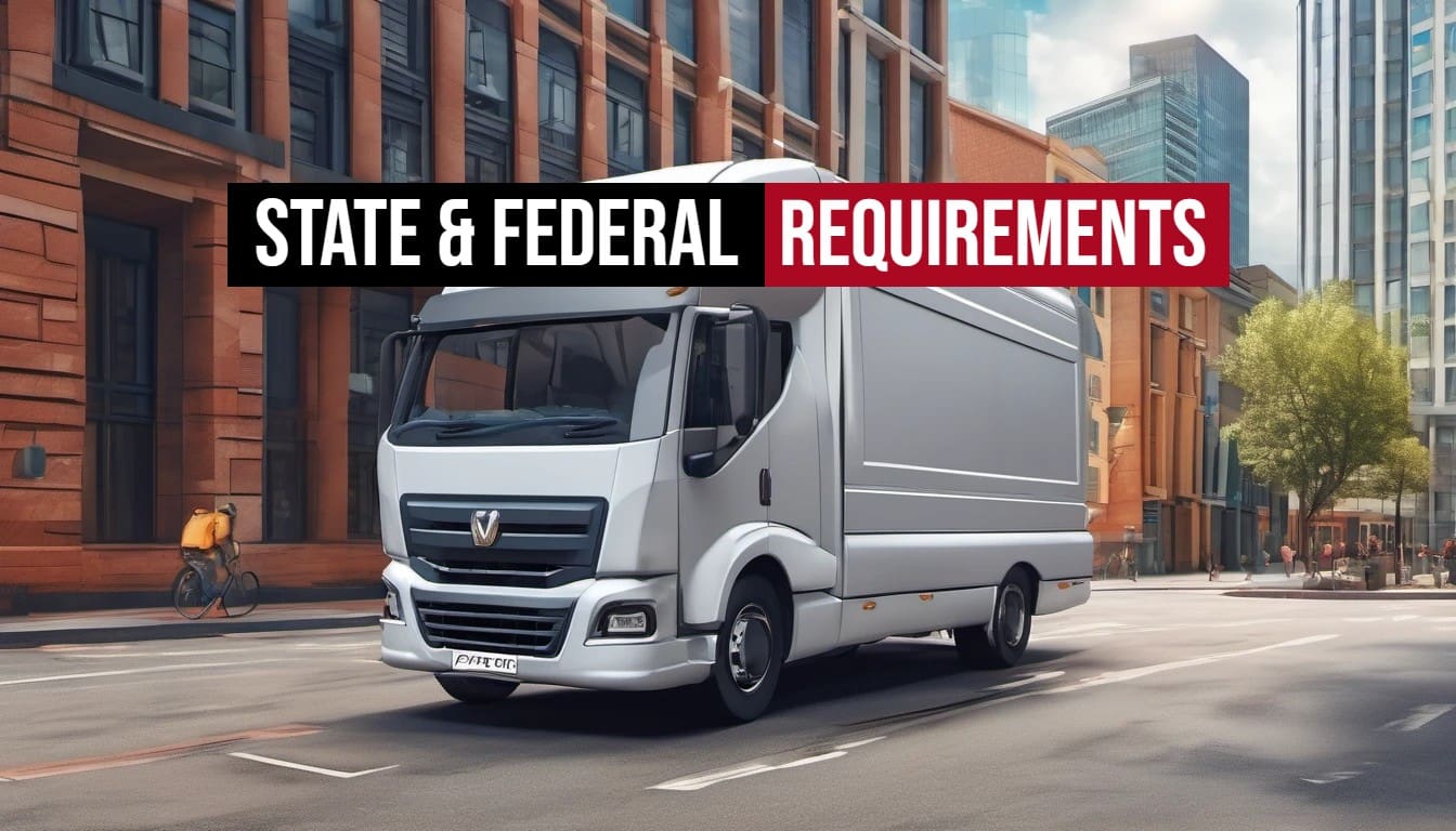 A silver commercial delivery truck drives through an urban street, with the words 'STATE & FEDERAL REQUIREMENTS' in bold red overlay at the top of the image.