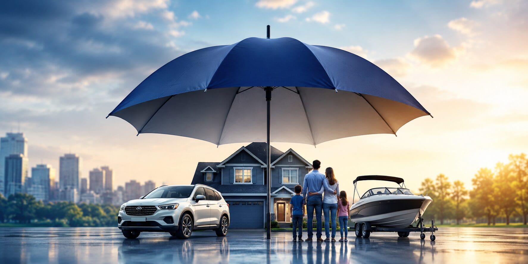 Family, home, SUV, and boat protected beneath a large blue umbrella representing personal umbrella insurance coverage