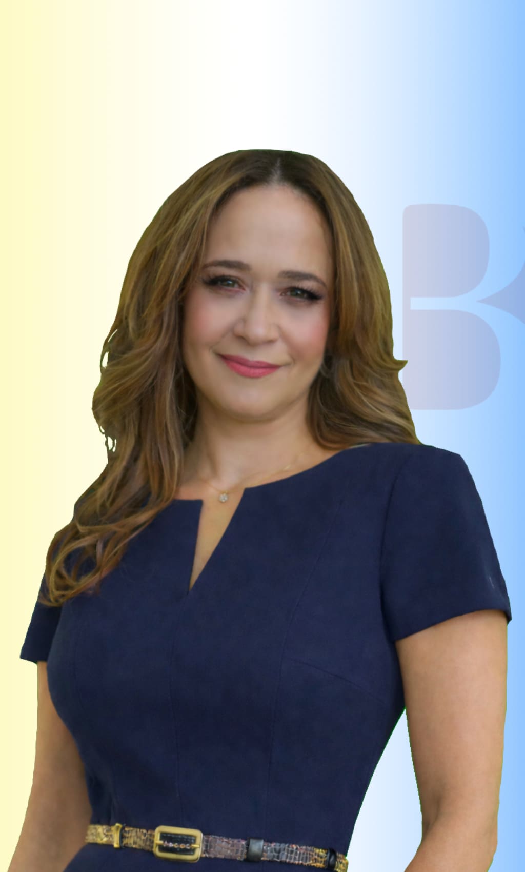 Iris Cepeda wearing a navy dress, insurance agent at Best Formula Insurance