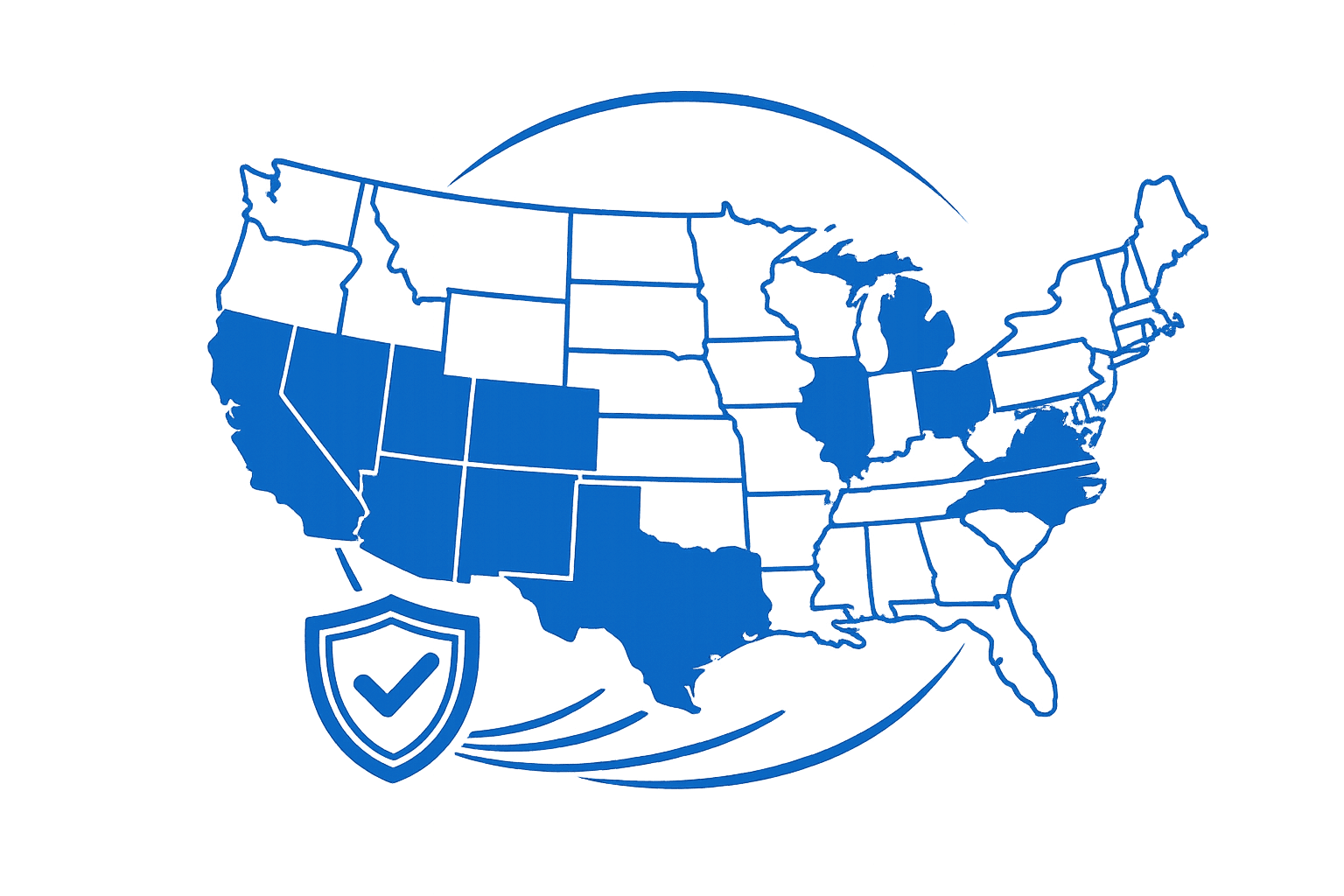 Multistate insurance coverage map showing licensed insurance services across multiple U.S. states with a protection shield