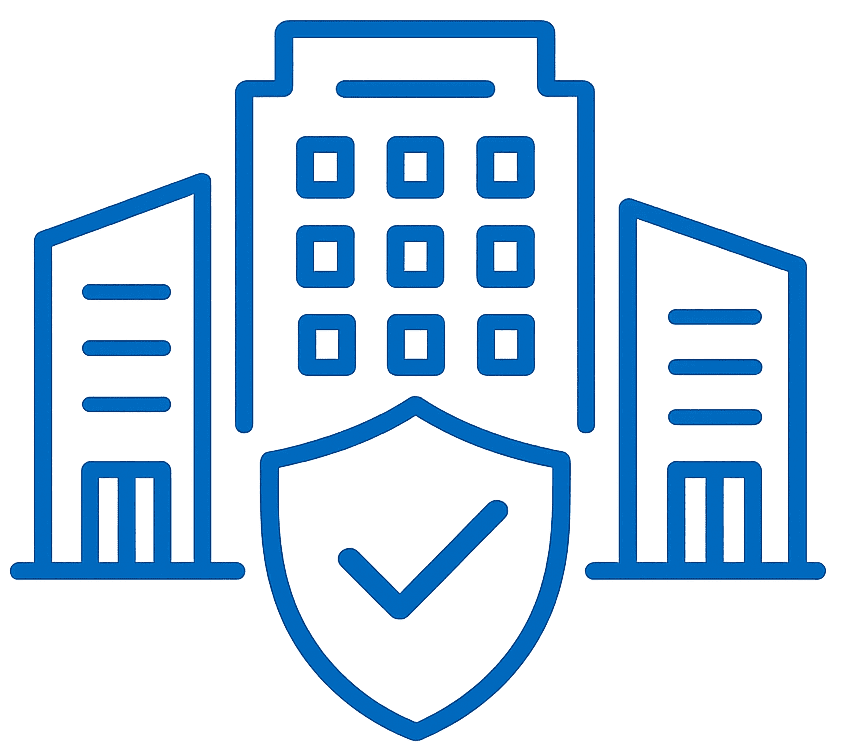 Commercial property insurance icon with office buildings and shield representing business property protection