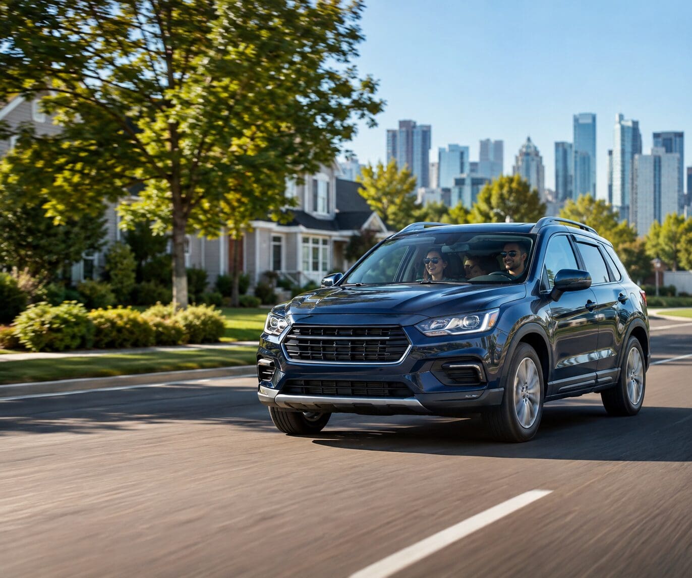 Blue family SUV driving along a sunny suburban road with homes, trees, and a city skyline in the background.
