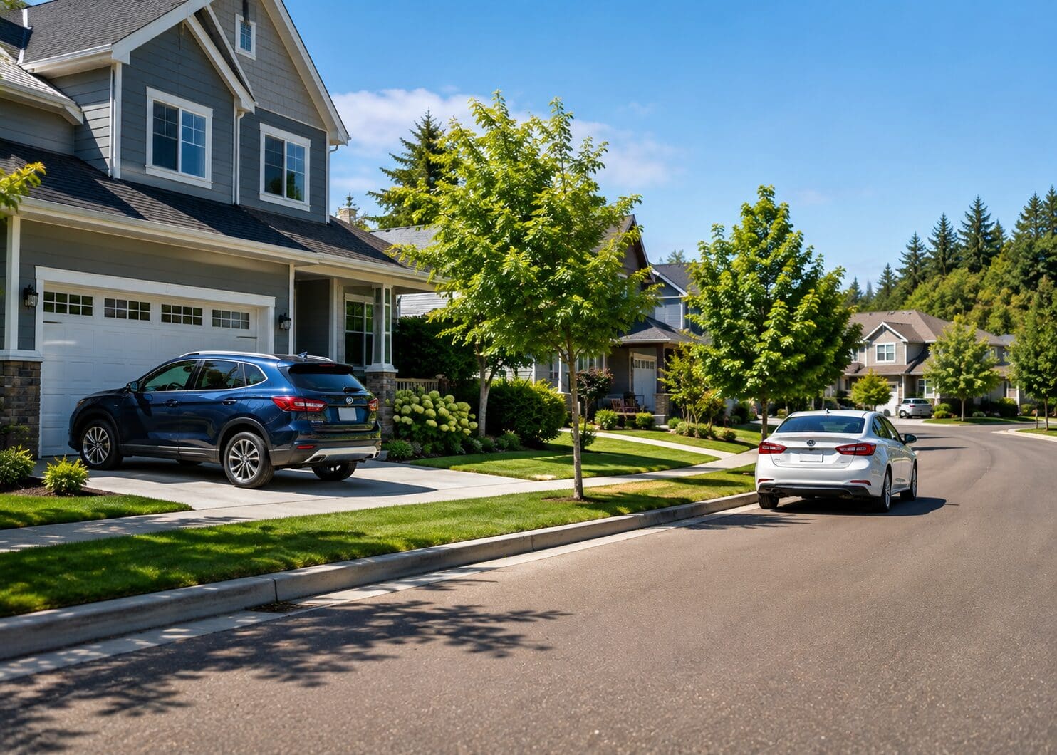 Blue SUV parked in a driveway as a white sedan travels through a sunny suburban neighborhood.