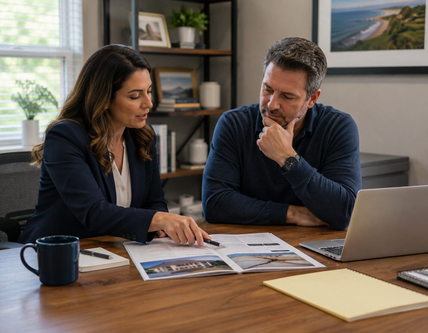 Business owners reviewing insurance documents with an advisor