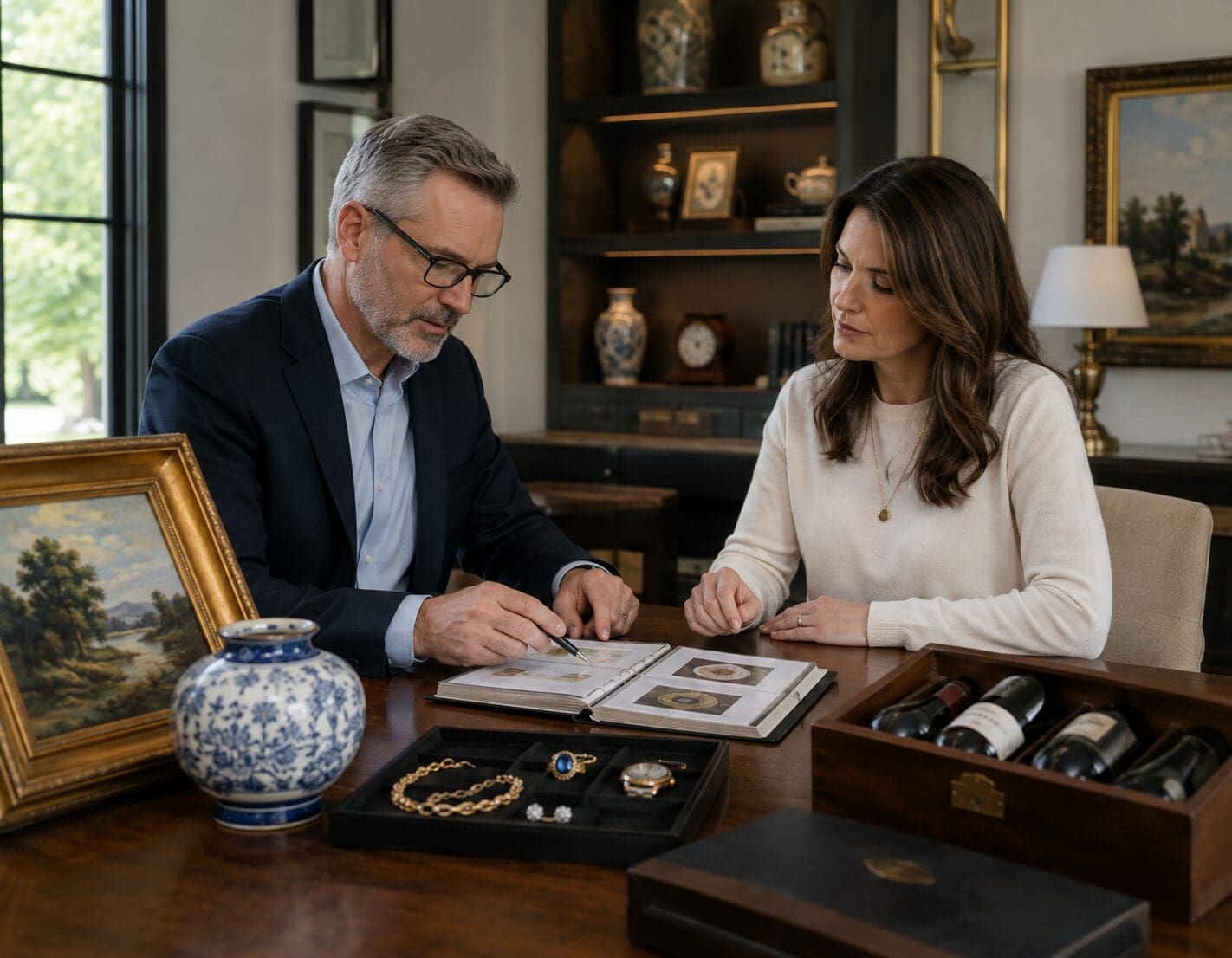 Homeowner reviewing documentation for jewelry, fine art, and valuable collections.