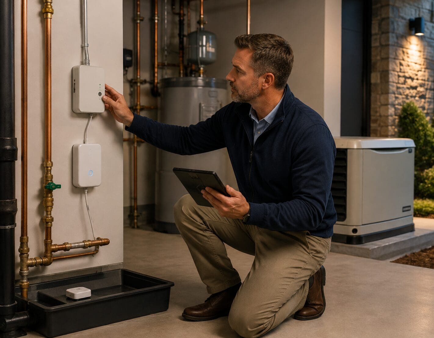 Residential property specialist evaluating water detection, security, and protective systems in a high value home.