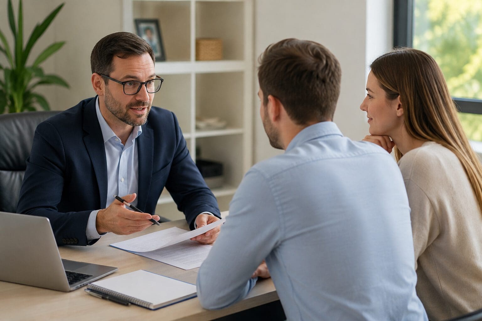 nsurance professional reviewing documents with a couple at a clean office desk, with a laptop and paperwork visible.