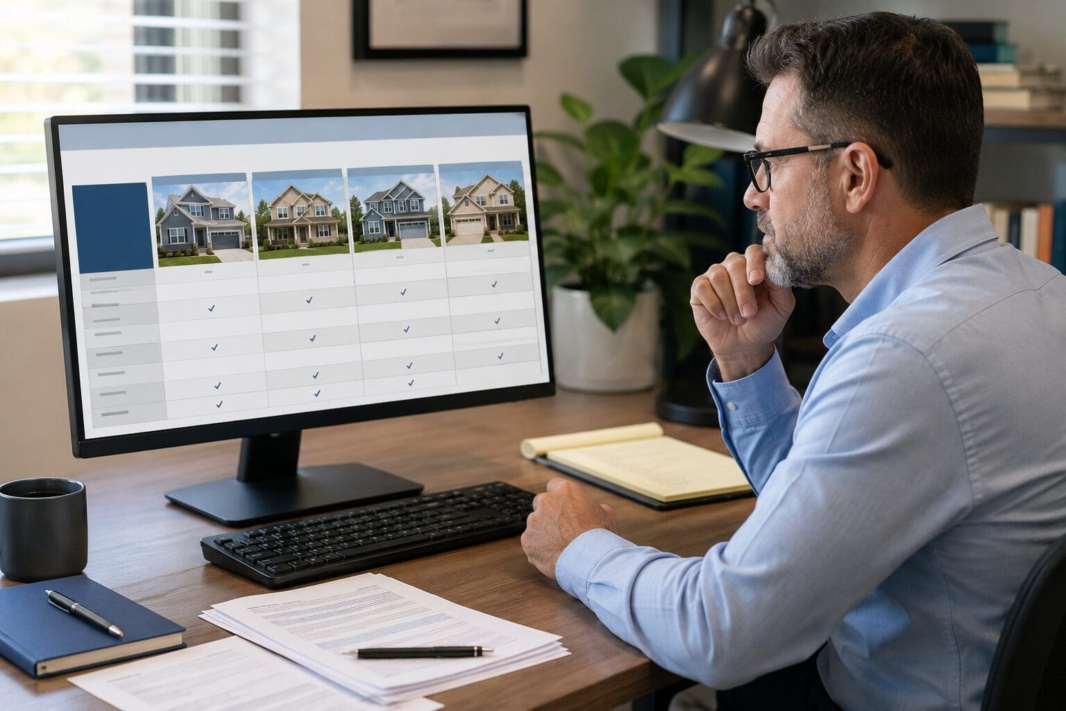Insurance professional comparing several coverage options on a desktop computer with organized documents and notes on the desk.