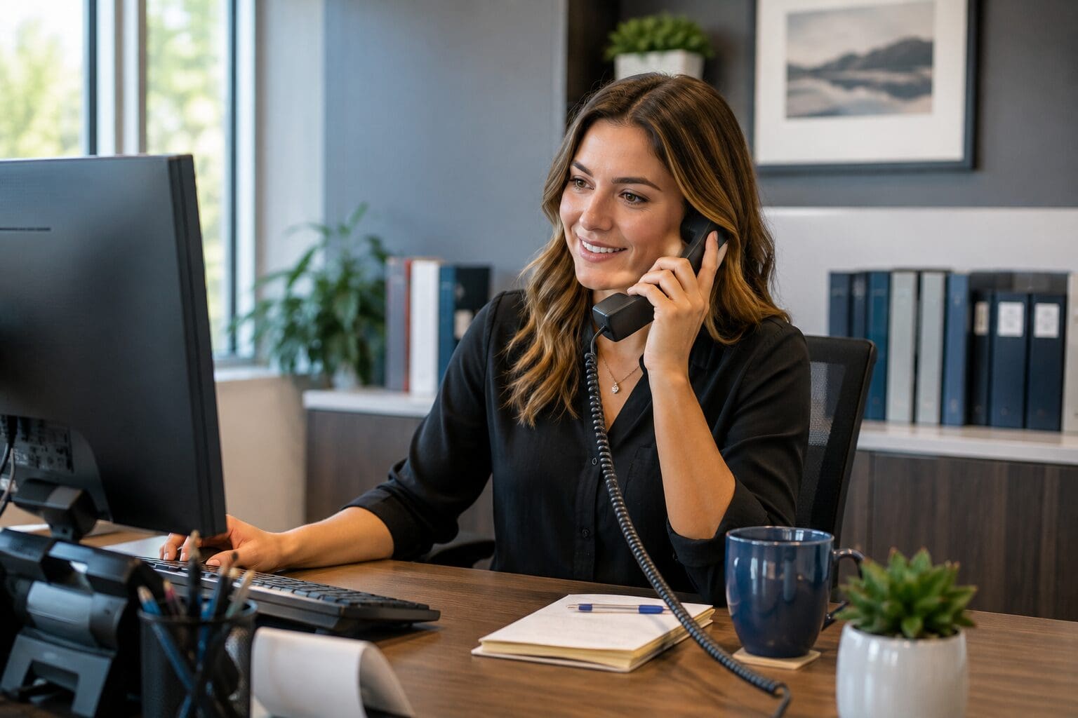 Customer-service representative speaking with a customer by phone while working at a computer in a professional insurance office.
