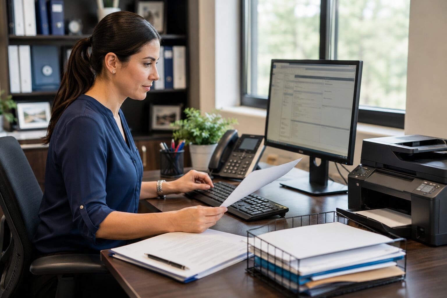 Insurance employee reviewing business documents at a computer with a printer and organized paperwork nearby.