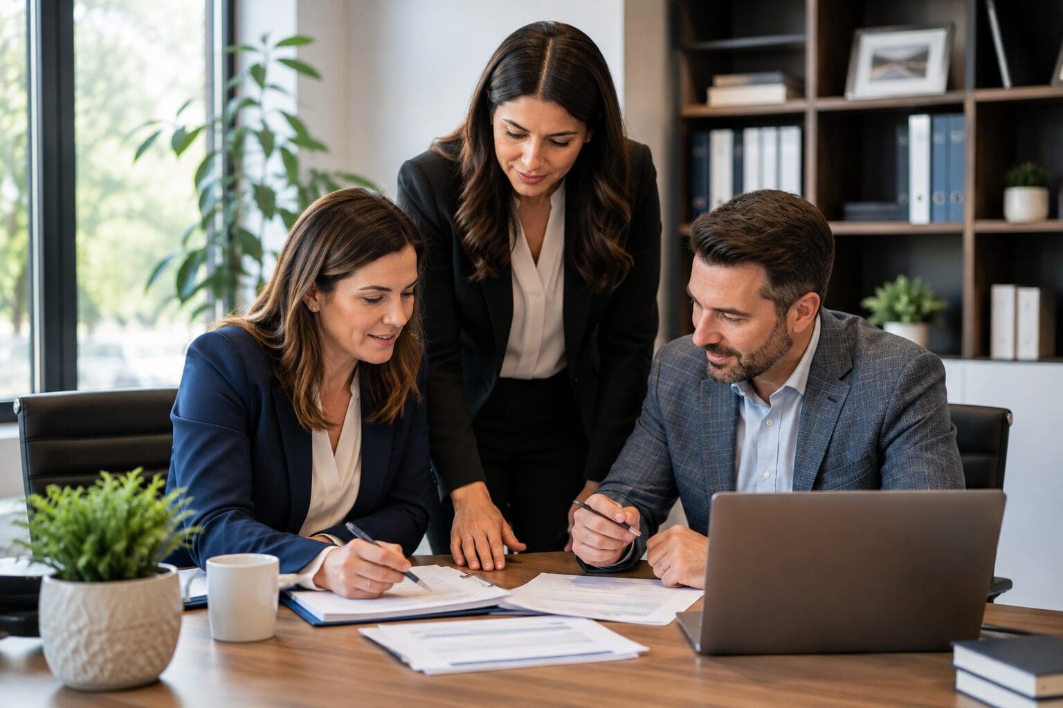 Three insurance professionals collaborating around a desk with a laptop and documents in a bright office.