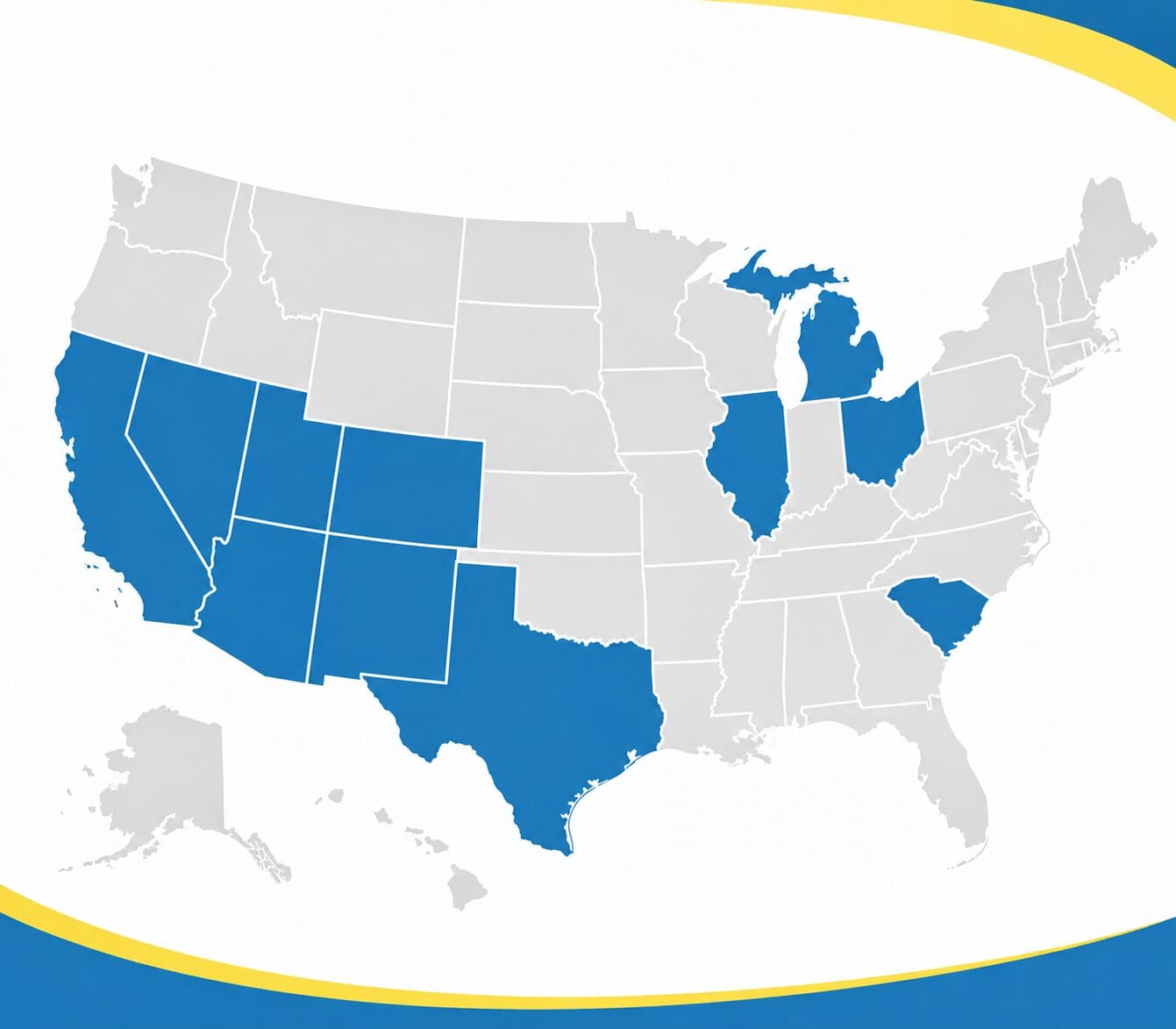 Best Formula Insurance Service Area United States map highlighting Arizona, California, Colorado, Illinois, Michigan, Nevada, New Mexico, Ohio, South Carolina, Texas, and Utah in blue.