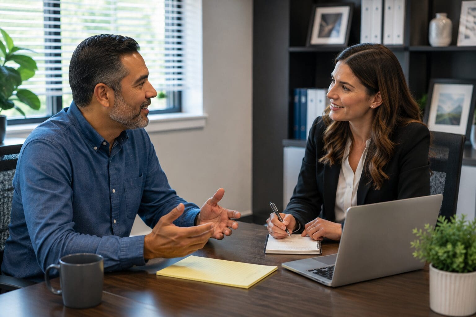 Customer discussing insurance needs with a professional at an office desk while the professional takes notes beside a laptop.