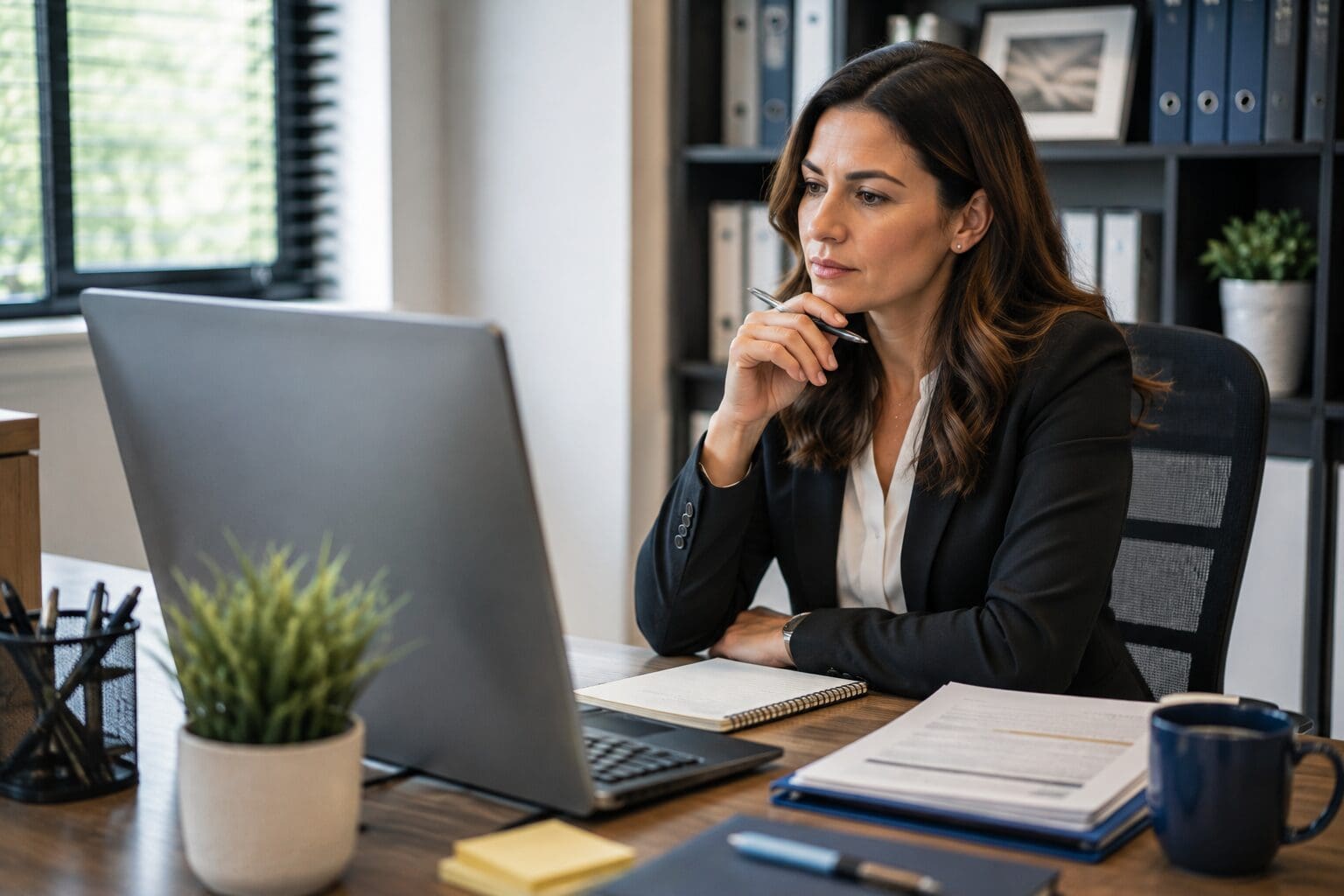 Insurance professional reviewing coverage options on a laptop with organized documents, notes, and office supplies nearby.