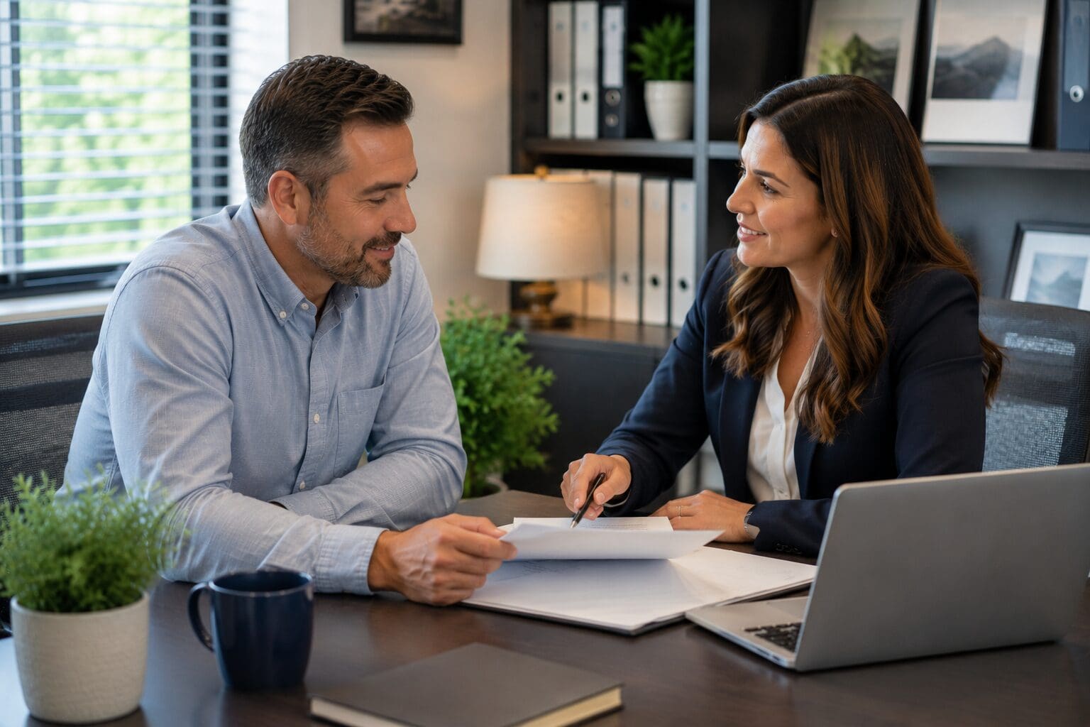 Insurance professional and customer calmly reviewing finalized coverage documents together at an office desk with a laptop nearby.